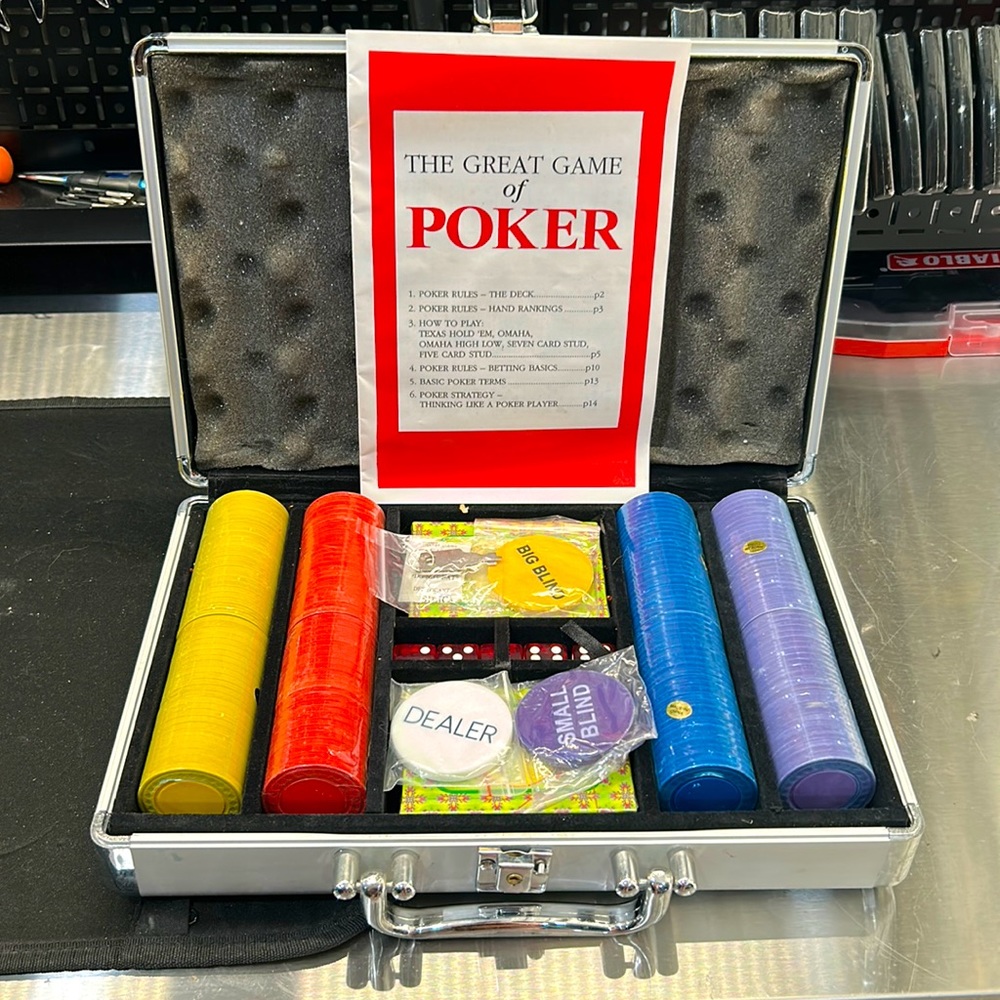 Brand new poker set in steel case